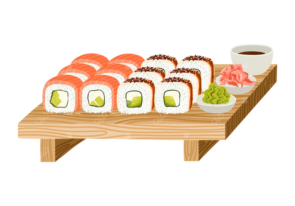 نقاشی وکتور ست سوشی ژاپنی شامل رول های فیلادلفیا با ماهی سالمون و مارماهی بر روی پایه چوبی.