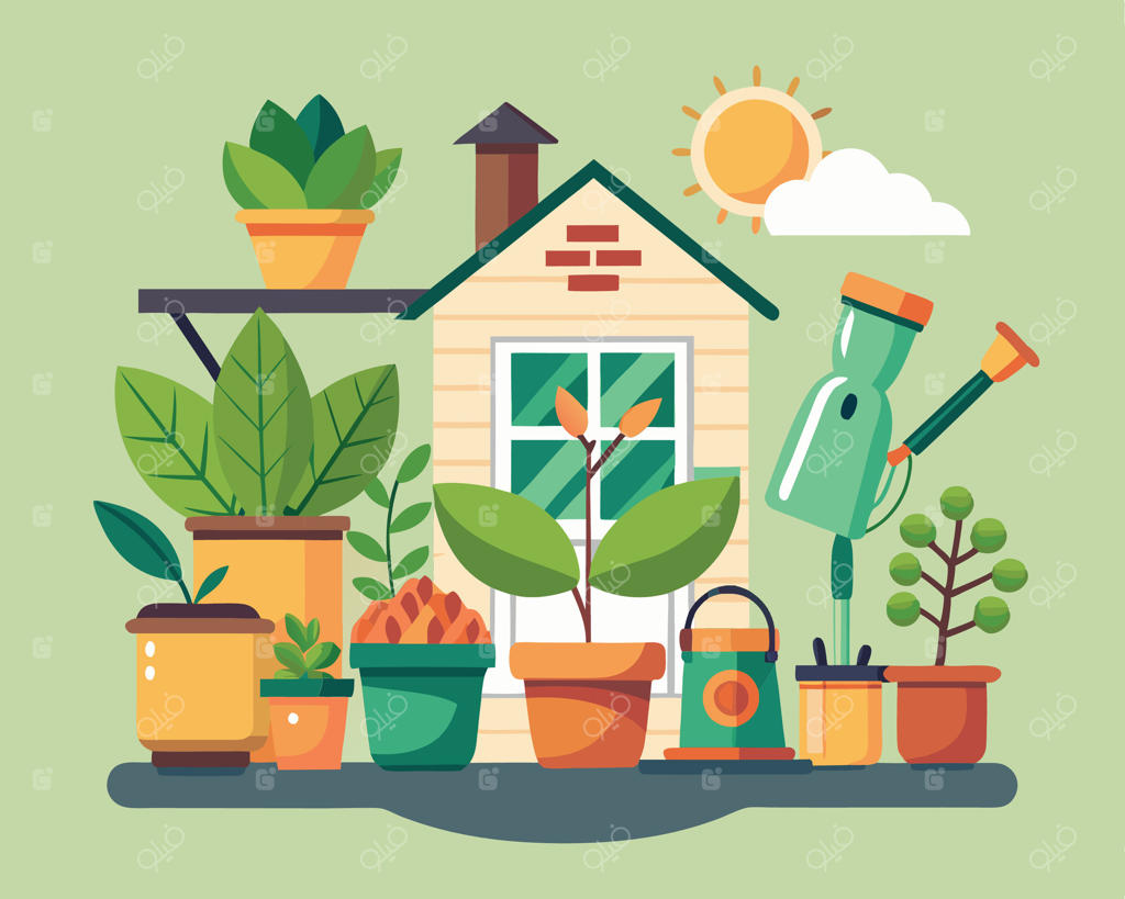 باغ و خانه با گیاهان و ابزارهای باغبانی