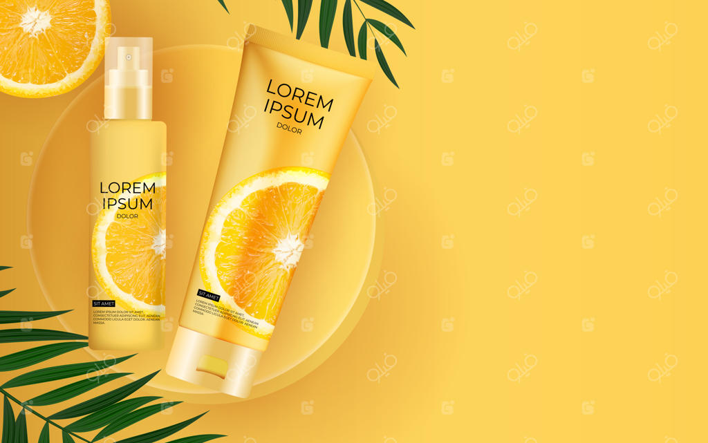 بطری کرم ضد آفتاب سه‌ بعدی با طراحی واقع‌گرایانه و برگ‌های نخل و پرتقال