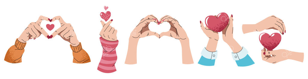 دست‌ها برای روز ولنتاین به سبک کارتونی: نشان دادن قلب و نماد عشق کره‌ای. دستان زنانه با قلب