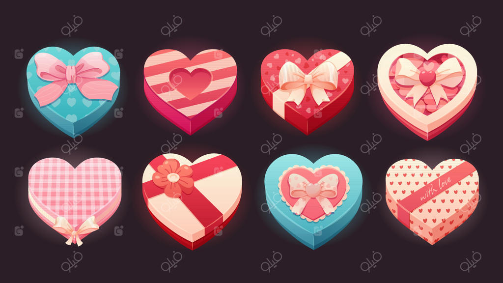 مجموعه‌ای از جعبه‌های هدیه برای روز ولنتاین: جعبه‌های رنگارنگ به شکل قلب، تصاویر ایزوله شده