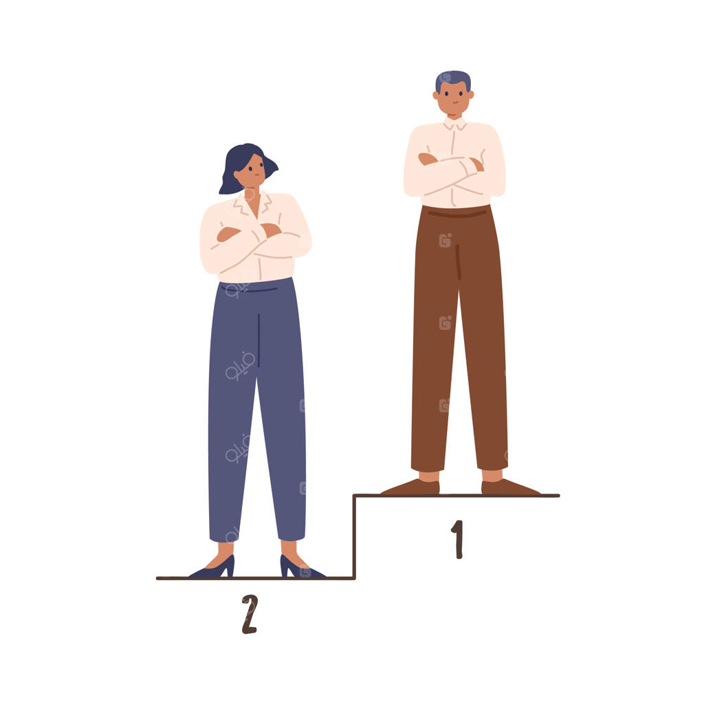 مرد برنده و زن ایستاده بر روی سکوی اول و دوم: مفهوم نابرابری جنسیتی در تجارت. رقابت مرد و زن. تصویر برداری رنگی و تخت، جدا شده بر روی پس‌زمینه سفید.