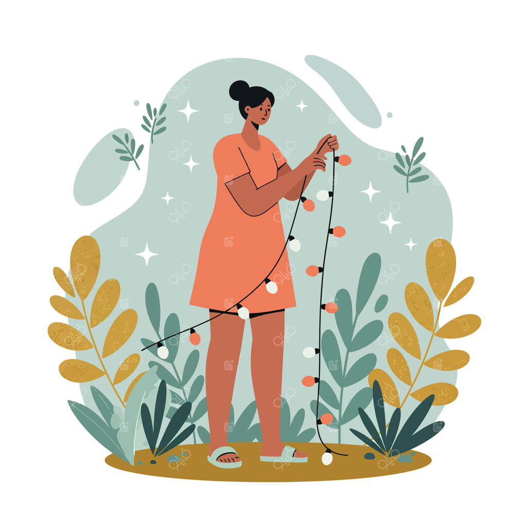 زنی ایستاده و چراغ‌های رشته‌ای در دست در باغی با گیاهان سبز و زرد و ستاره‌های زینتی در پس‌زمینه