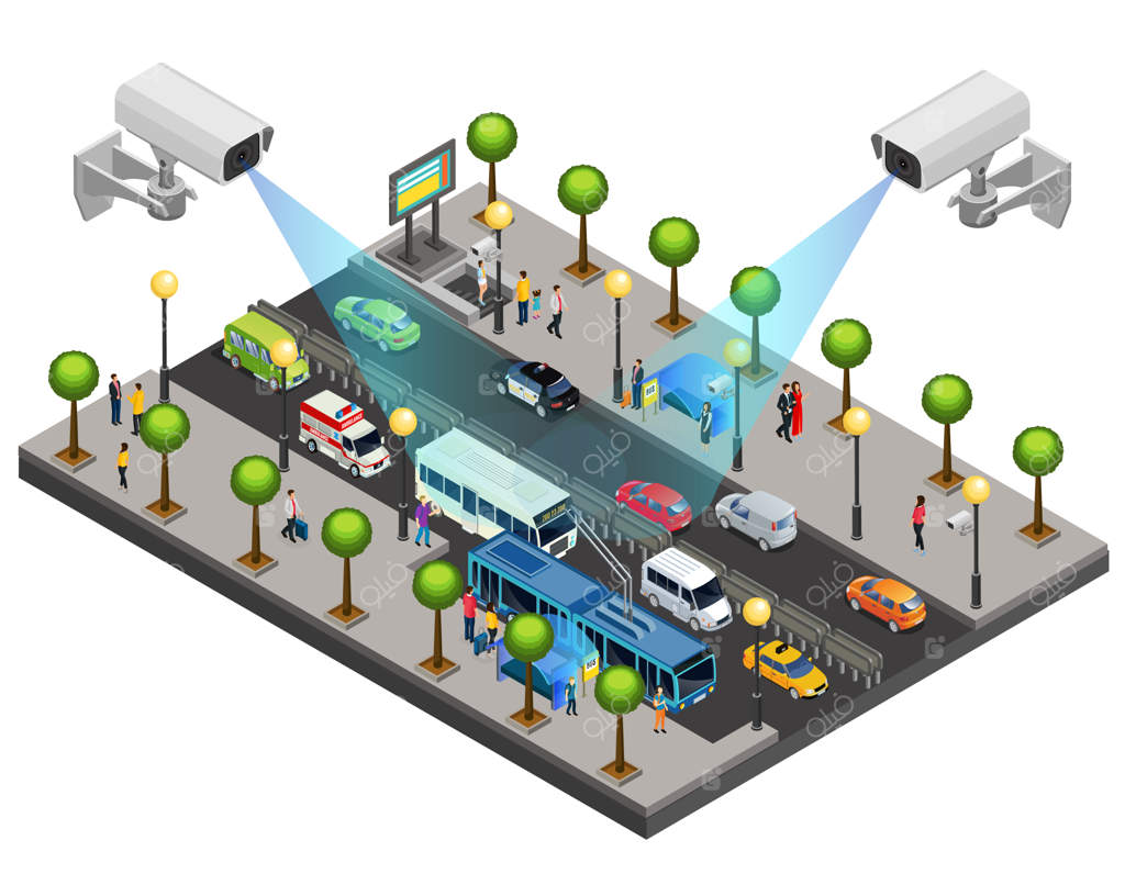 طرح سیستم امنیتی شهر ایزومتریک با دوربین‌های مداربسته برای نظارت و پایش جاده‌ها