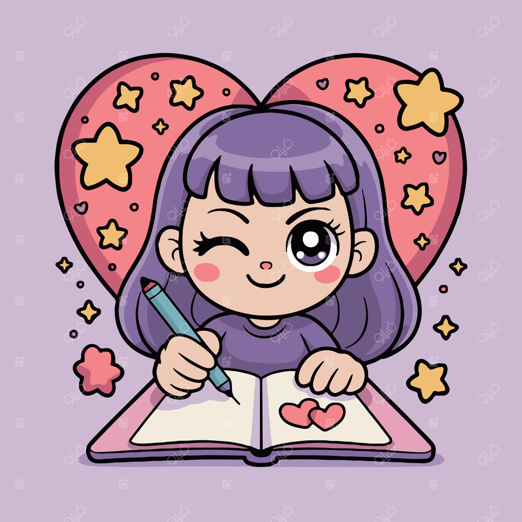 دختر کارتونی در حال نوشتن کتابی با ستاره‌هایی بر قلبش