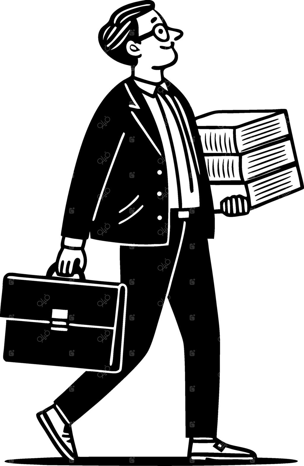 تصویرسازی حرفه‌ای مرد تاجر در حال قدم زدن با کیف اداری و کتاب برای پروژه‌های شرکتی