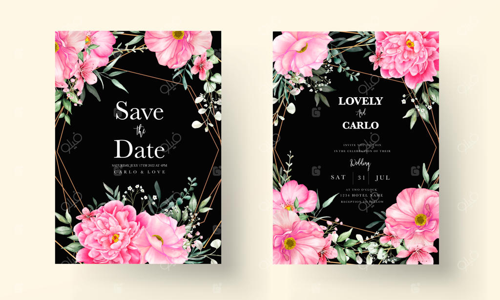 قالب کارت دعوت عروسی با طراحی زیبای گل‌ها و برگ‌ها به سبک آبرنگ