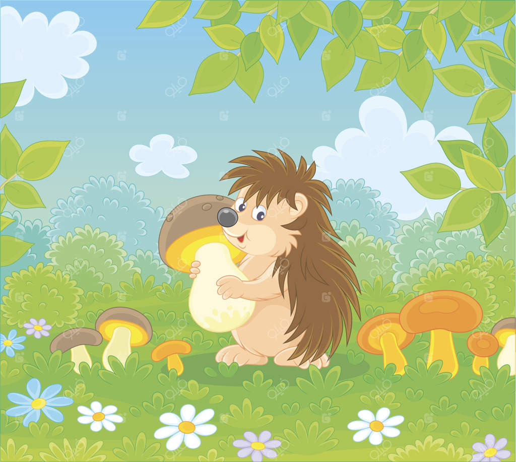 جوجه تیغی خندان و دوستانه‌ای که یک قارچ بزرگ در دستانش دارد، روی سبزه‌زار جنگل