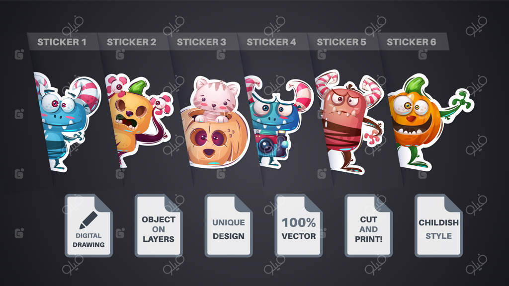 ست کاراکتر کارتونی استیکر هالووین - فایل وکتور EPS