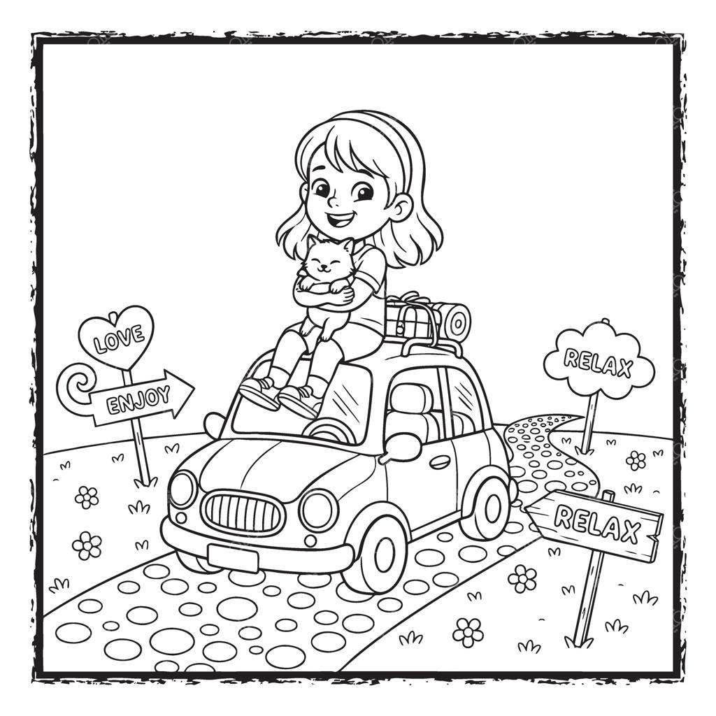 ماجراجویی تابستانی با دختری بامزه و گربه‌ در سفر جاده‌ای - صفحه رنگ‌آمیزی سفر و ماجراجویی