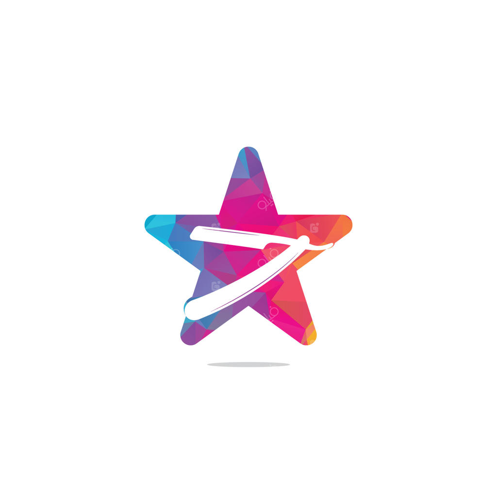 طراحی لوگو به شکل ستاره تیغ ریش‌تراش. تصویر ساده و تخت. لوگو و برچسب آرایشگاه. لوگوی آرایشگاه با تیغ ریش‌تراش.