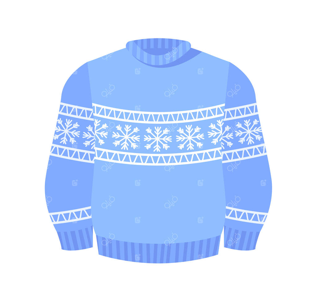 ژاکت کریسمس زشت آبی بافتنی زمستانی با طرح نروژی و تزئینات ویژه تعطیلات، روی زمینه سفید