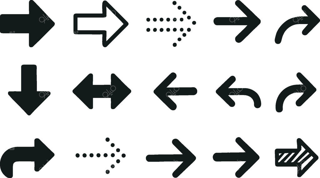 مجموعه آیکون فلش جهت‌نما: مشکی، خطی و نقطه‌چین