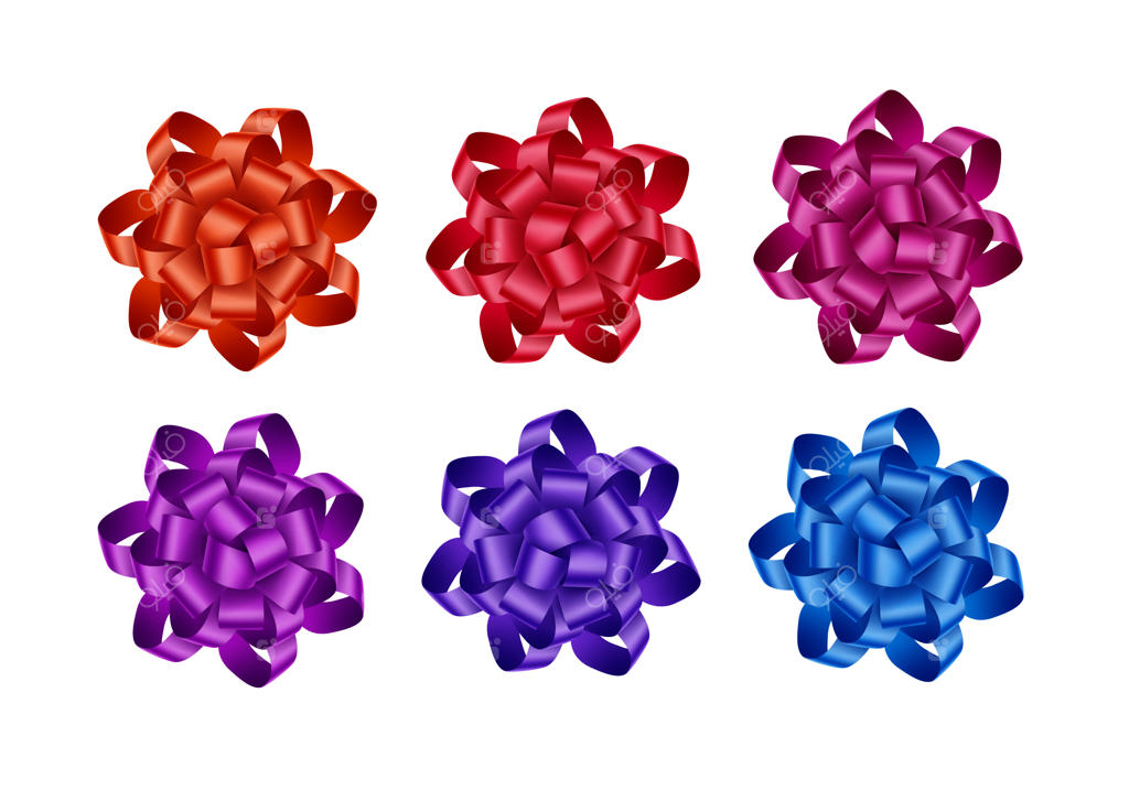 مجموعه‌ای از روبان‌های هدیه قرمز، نارنجی، بنفش تیره و آبی