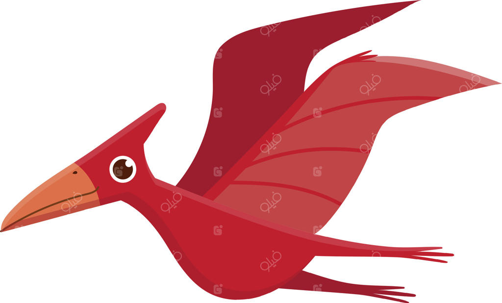 دایناسور پتروسور قرمز با بال‌های باز به شادی پرواز می‌کند: جذابیت ماقبل تاریخ در کارتونی رنگارنگ در پس زمینه سفید