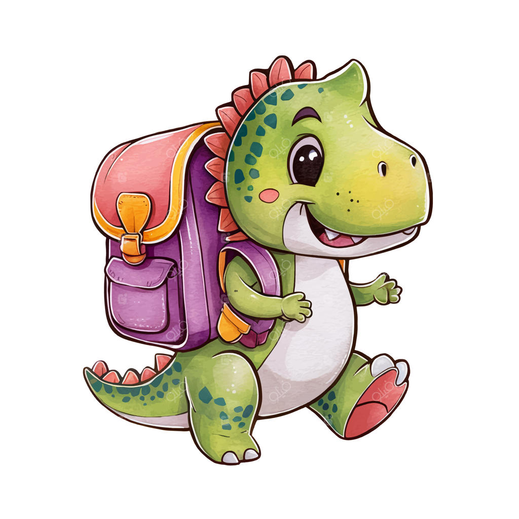 نقاشی آبرنگی و دستی دایناسور شاد با کوله‌پشتی، آماده ماجراجویی