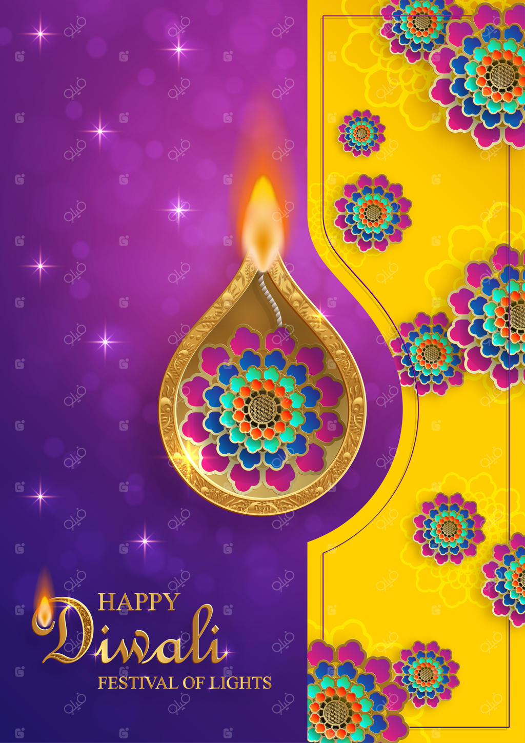 چراغ دیه روشن برای جشن دیوالی (فستیوال نور هند) با پس‌زمینه رنگی