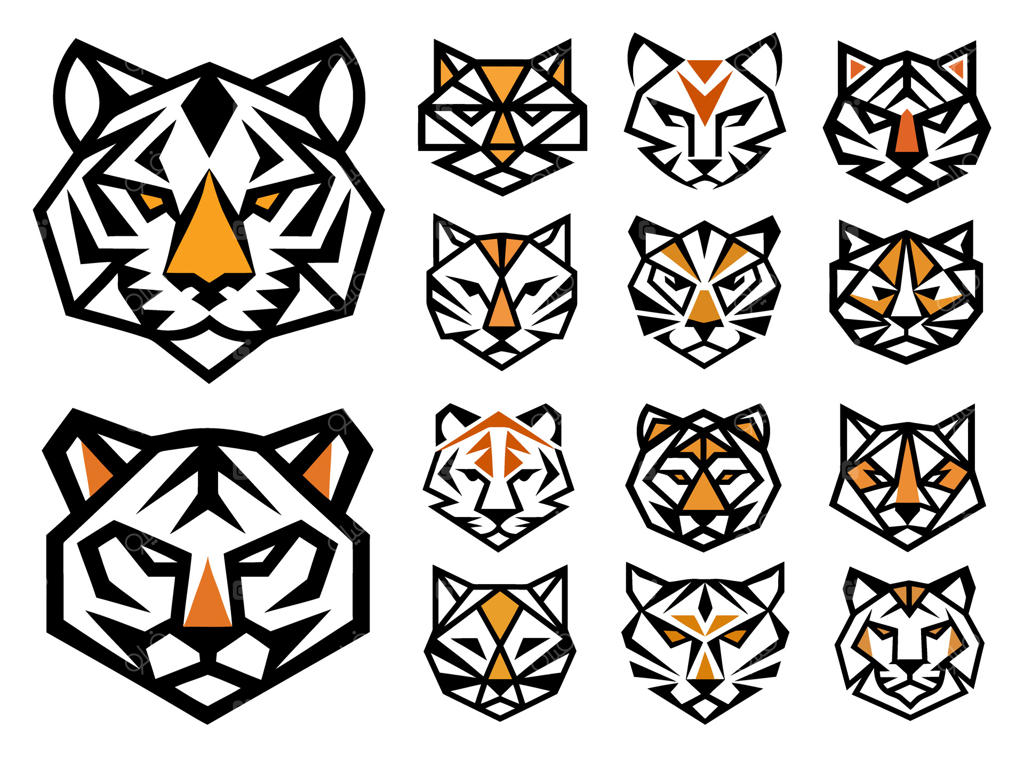 مجموعه لوگوهای سر ببر با طراحی هندسی و رنگ‌های نارنجی انتزاعی