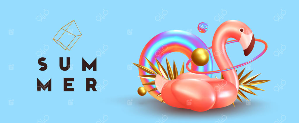زمینه انتزاعی تابستانه با طراحی مینیمال: فلامینگو سه‌بعدی صورتی، حلقه نجات با گرادیانت رنگی، توپ‌ها و حلقه‌های طلایی، برگ‌های نخل طلایی. پوستر یا بنر مدرن و شیک. وکتور