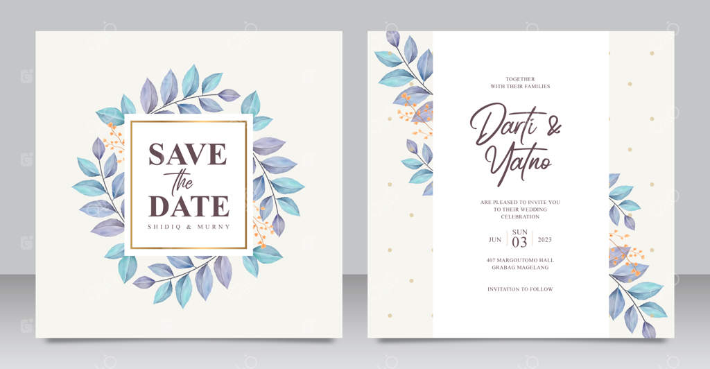 کارت دعوت عروسی شیک با طرح آبرنگی برگ‌های زیبا