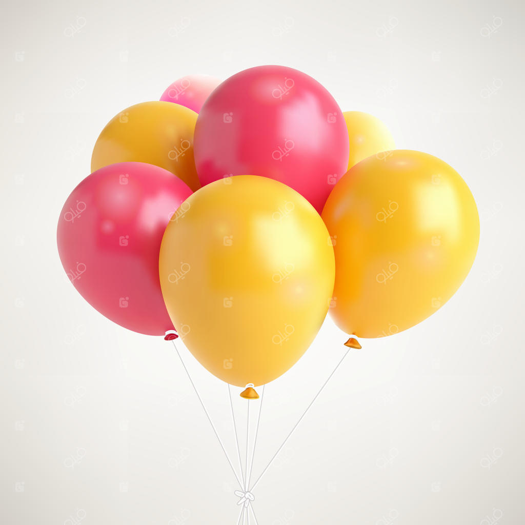 مرز سه‌بعدی واقعی با بادکنک‌های زرد و صورتی در حال پرواز - جشن و تزیین دعوت‌نامه. بادکنک‌های براق برای طراحی عناصر، دکوراسیون، بنر، و کاغذ دیواری جشن تولد در پس‌زمینه سفید.