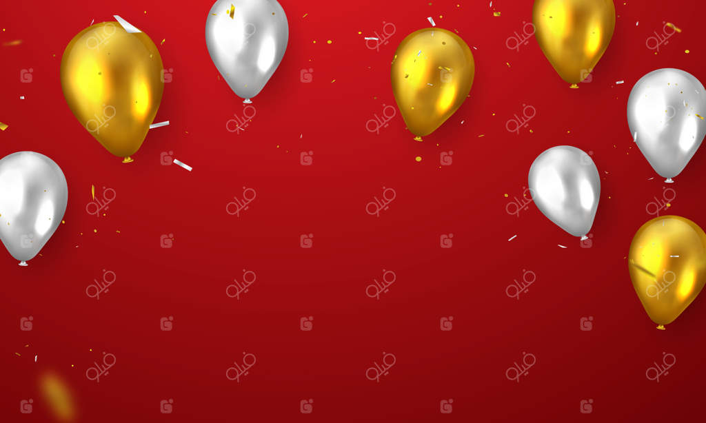 بنر جشن با بادکنک‌های طلایی و قرمز