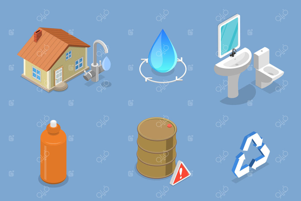 تصویر ایزومتریک سه‌بعدی از حفاظت از آب: جمع‌آوری آب باران برای صرفه‌جویی در منابع