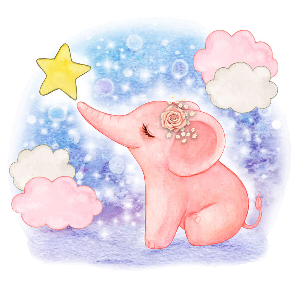 فیل کوچولوی بامزه با آبرنگ در میان ابرها و ستاره‌ها