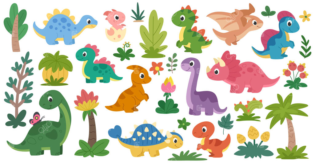 مجموعه دایناسورهای کودکان. کلکسیونی از دایناسورهای کارتونی بامزه و گیاهان ماقبل تاریخ. پس‌زمینه سفید.
