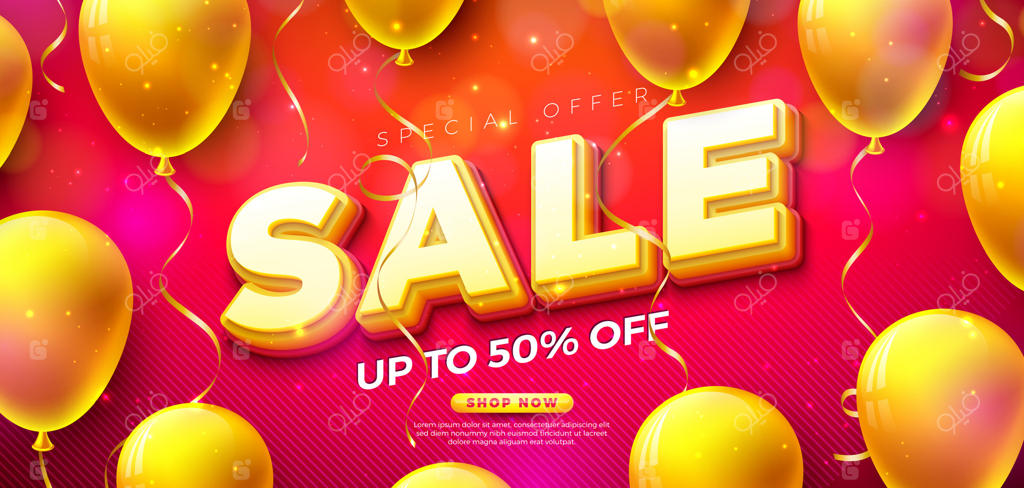 طراحی بنر روز خرید ویژه با تخفیف بزرگ و متن سه‌بعدی لایه‌لایه همراه با بادکنک‌های جشن روی پس‌زمینه قرمز با کاغذ رنگی‌های در حال سقوط. تبلیغ تخفیف ویژه برای کوپن، گواهی‌نامه و بنر