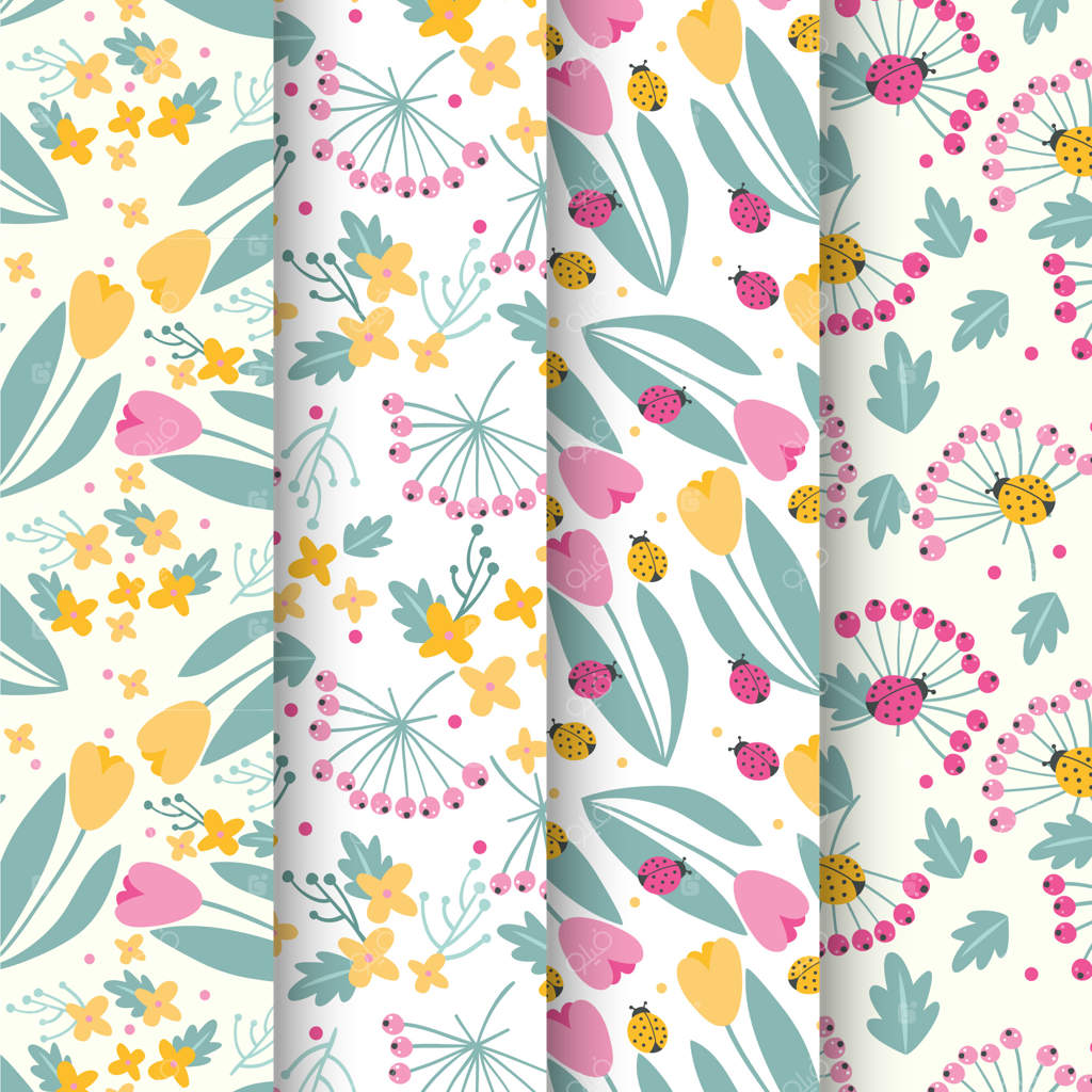 مجموعه الگوهای بهاری با گل لاله و کفشدوزک‌ها