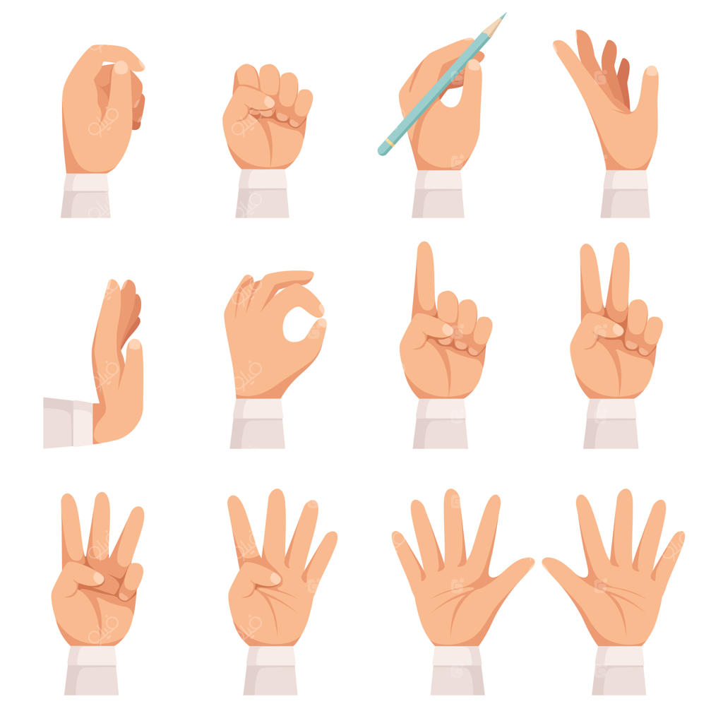 مجموعه حرکات دست: ژست‌های اشاره، نگهداری و لمس کف دست و انگشتان به صورت وکتور کارتونی مجزا