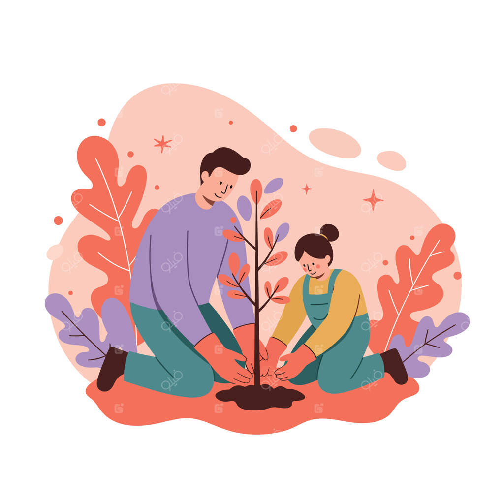 پدر و دختر در حال کاشتن نهال در باغ با زمینه‌ای از برگ‌های پاییزی