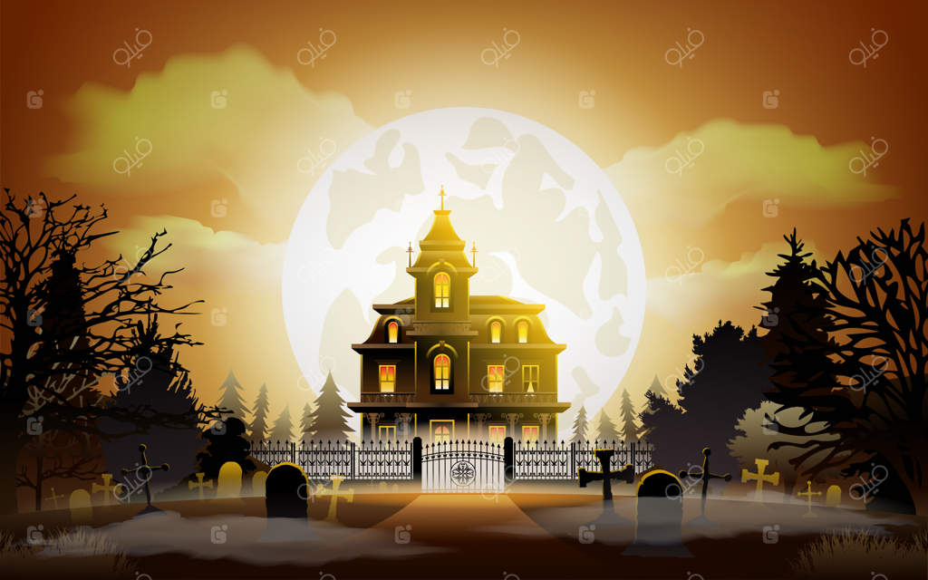 پس‌زمینه هالووین: خانه قدیمی و ترسناک.