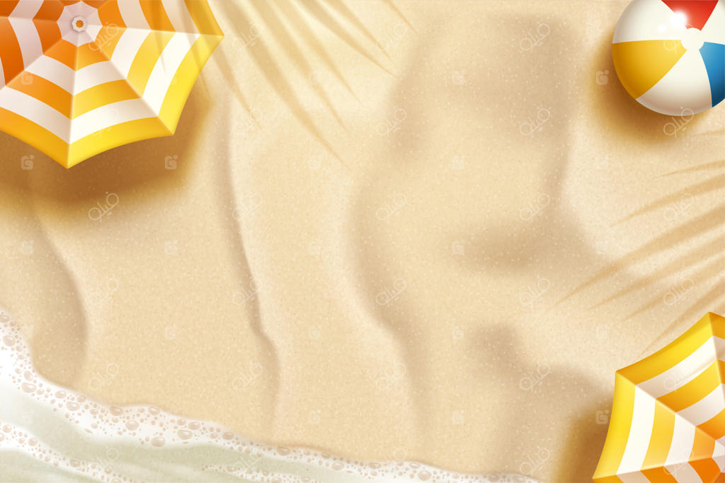 پس‌زمینه زیبای تابستانی ساحل با چتر آفتابی و توپ ساحلی به صورت سه‌بعدی