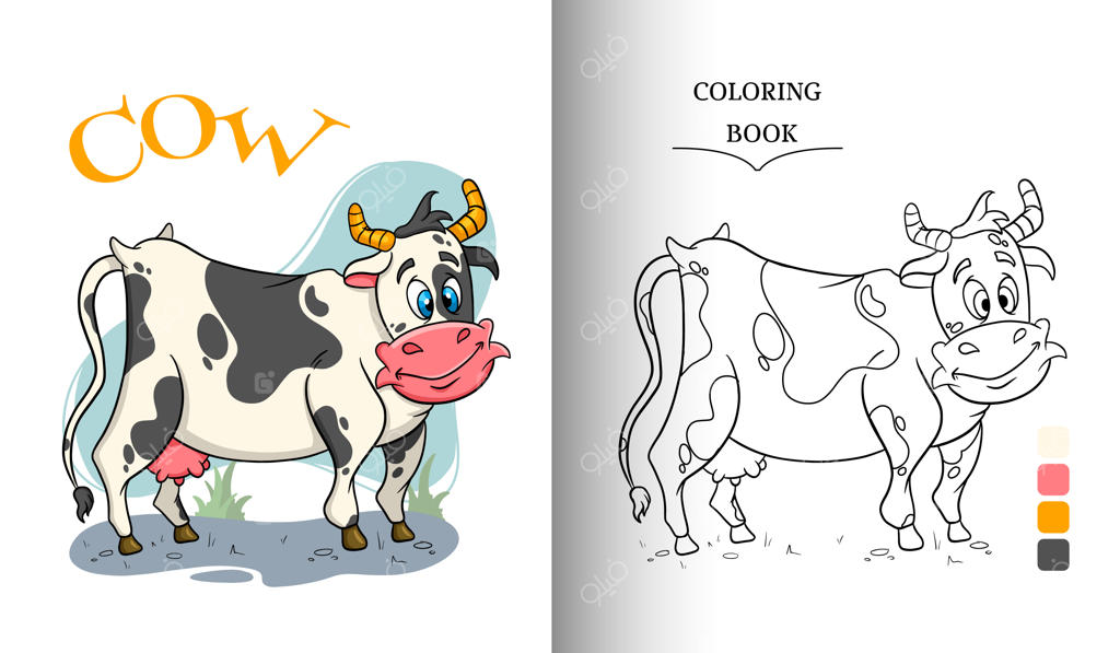 شخصیت حیوانی گاو خنده‌دار به سبک کارتونی برای صفحه رنگ‌آمیزی. تصویرسازی کودکانه. طراحی وکتور.