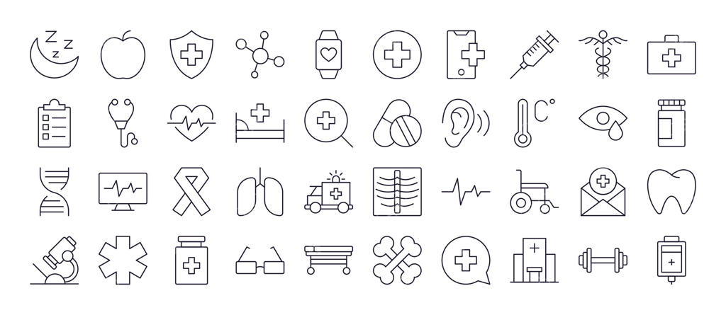 مجموعه آیکون‌های خطی: صلیب پزشکی، قلب، استخوان‌ها، مراقبت‌های بهداشتی. طراحی مینیمالیستی برای وب، گرافیک، اپلیکیشن‌ها، بنرها، شبکه‌های اجتماعی و کارت‌ها