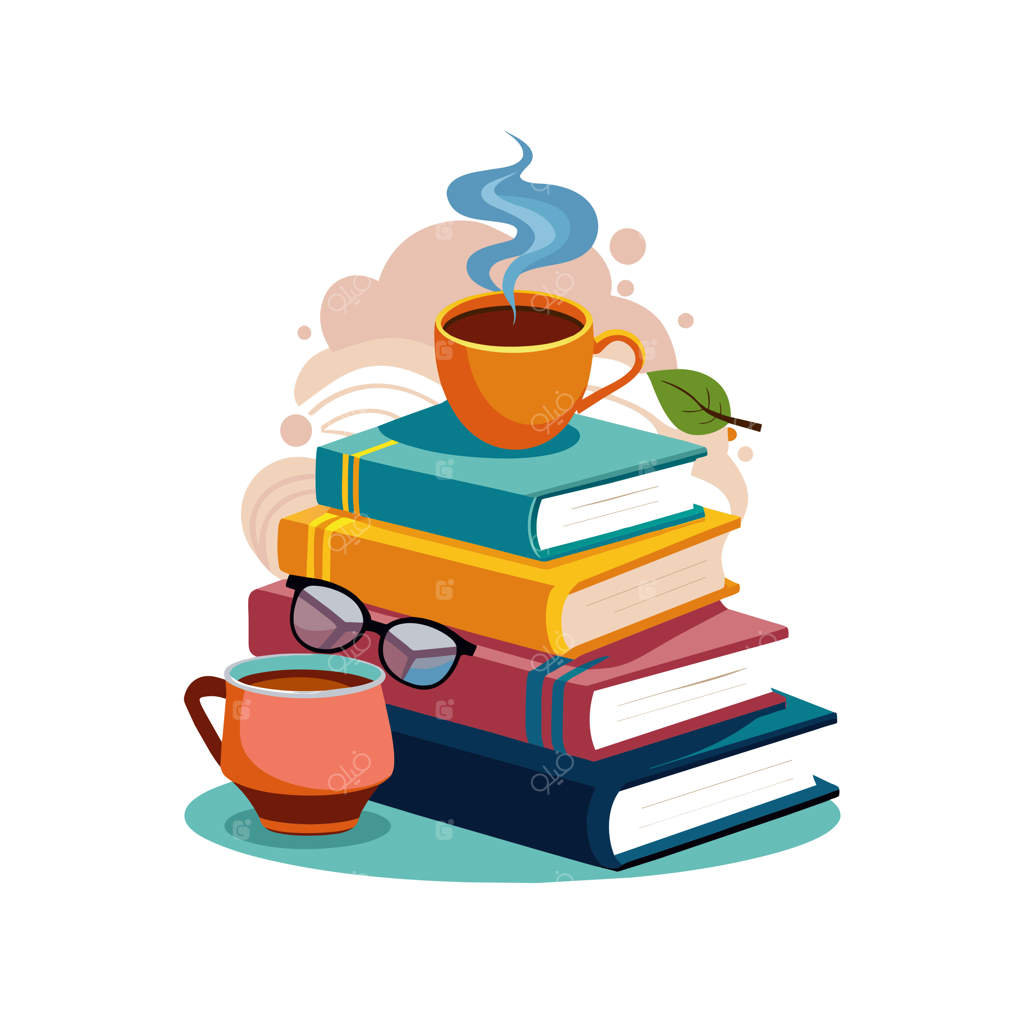 ستونی از کتاب‌ها با یک فنجان چای در بالای آن