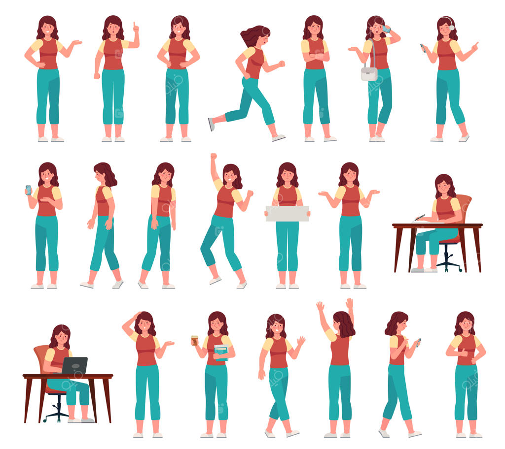 زن کارتونی با لباس غیررسمی؛ شخصیت زن جوان در حالت‌های مختلف. دانشجو با ژست‌های متنوع و حالت‌های چهره. مشغول مطالعه با لپ‌تاپ، مکالمه با گوشی هوشمند، حمل کتاب‌های درسی.