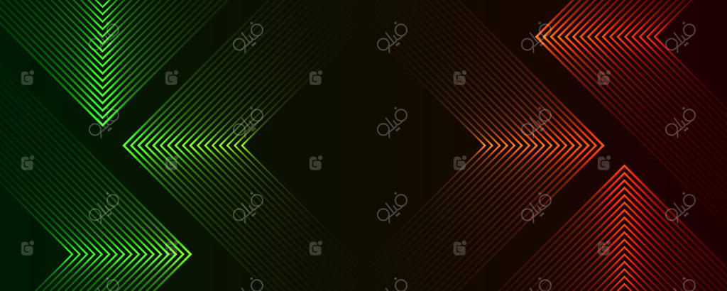 زمینه سه‌بعدی تکنو با لایه‌های سبز و قرمز به همراه تزئینات خطوط و فلش‌ها بر روی فضای تاریک. مفهومی مدرن برای طراحی گرافیک، مناسب برای بنر وب، تراکت یا جلد بروشور