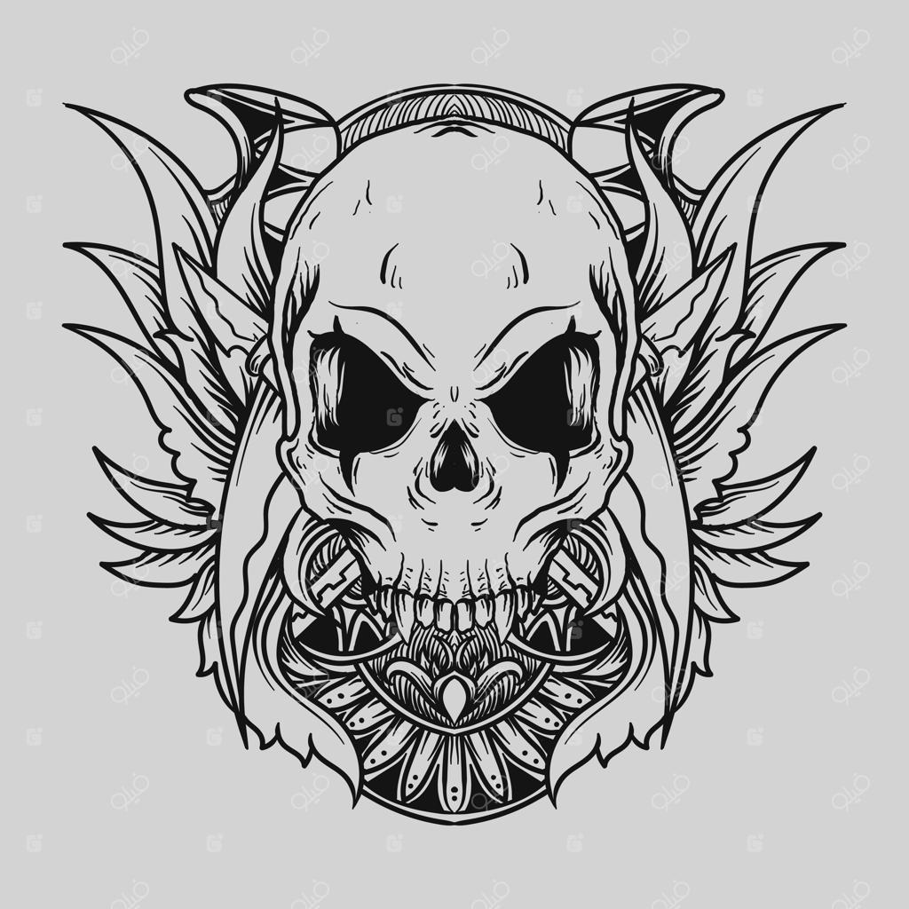 طراحی تتو و تی‌شرت: طرح‌ جمجمه سیاه و سفید به سبک حکاکی دستی