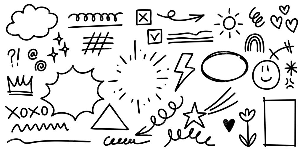 مجموعه‌ای از عناصر طراحی‌شده با دست با جوهر مشکی روی زمینه سفید. شامل فلش‌ها، حباب‌های گفت‌وگو، ستاره‌ها، قلب‌ها، رعد و برق، خورشید، چک‌باکس‌ها، خطوط مارپیچ، اشکال و نمادهای تزئینی.