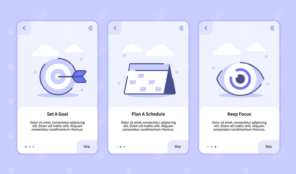 تعیین هدف، برنامه‌ریزی زمان‌بندی، حفظ تمرکز - قالب صفحه راه‌اندازی برای اپلیکیشن‌های موبایل به سبک طراحی مسطح و مدرن.