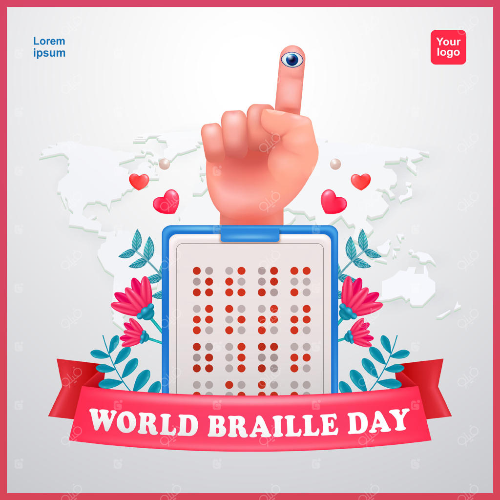 روز جهانی خط بریل. حروف بریل و انگشت اشاره با عناصر چشم و گل. مناسب برای روز جهانی نابینایان، کارت‌های تبریک، پوسترها، بنرها و شبکه‌های اجتماعی