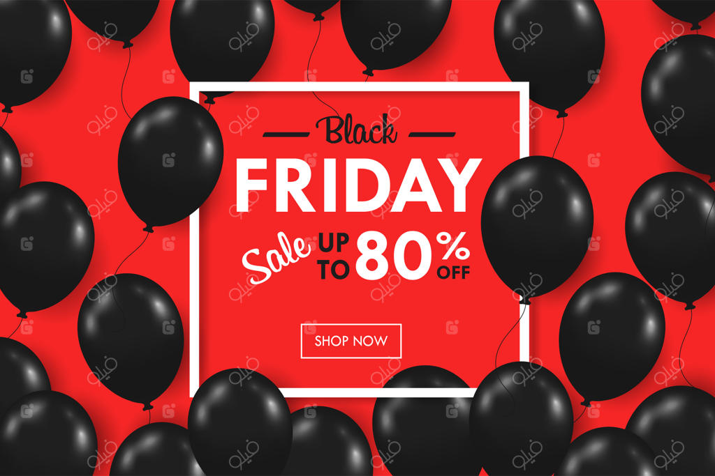 بالون‌های سیاه و درخشان زیادی در حال شناور بودند. تبلیغ ویژه آخر هفته بلک فرایدی روی زمینه قرمز