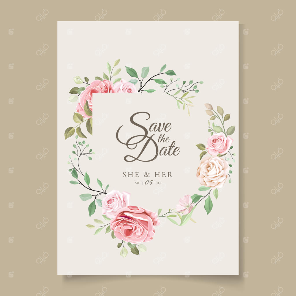 قالب کارت عروسی با حلقه گل‌های زیبا