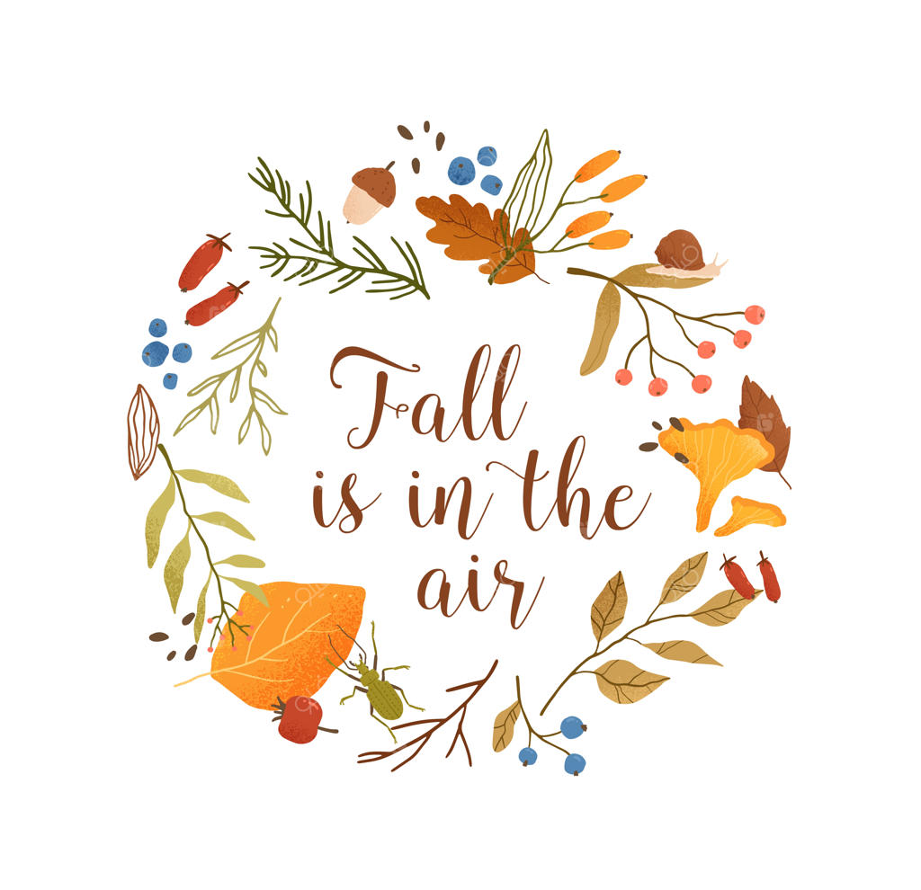 قالب دایره‌ای پاییزی گیاه‌شناسی. کادر گرد با برگ‌ها و شاخه‌ها و تایپوگرافی. نوشته "پاییز در هواست". تصویر برگ‌ها، توت‌های جنگلی و قارچ‌ها.