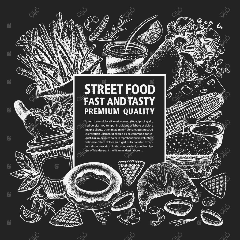 پترن منوی غذای خیابانی با طراحی دست. نقاشی‌های وکتور غذاهای فست‌فود روی تخته‌سیاه. طرح قدیمی غذاهای فست‌فود