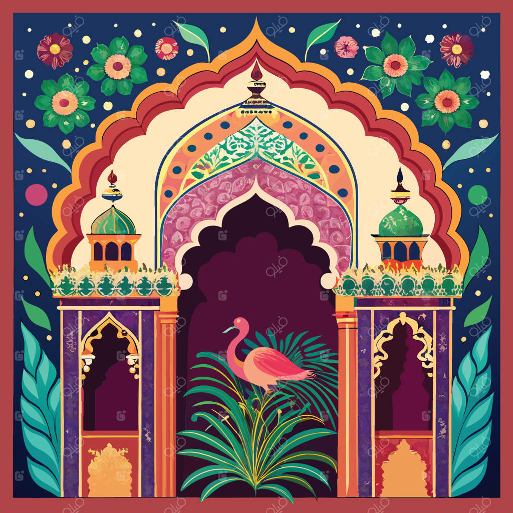 طاق طاووسی پر زینت در باغی باشکوه از کاخ مغولی هند