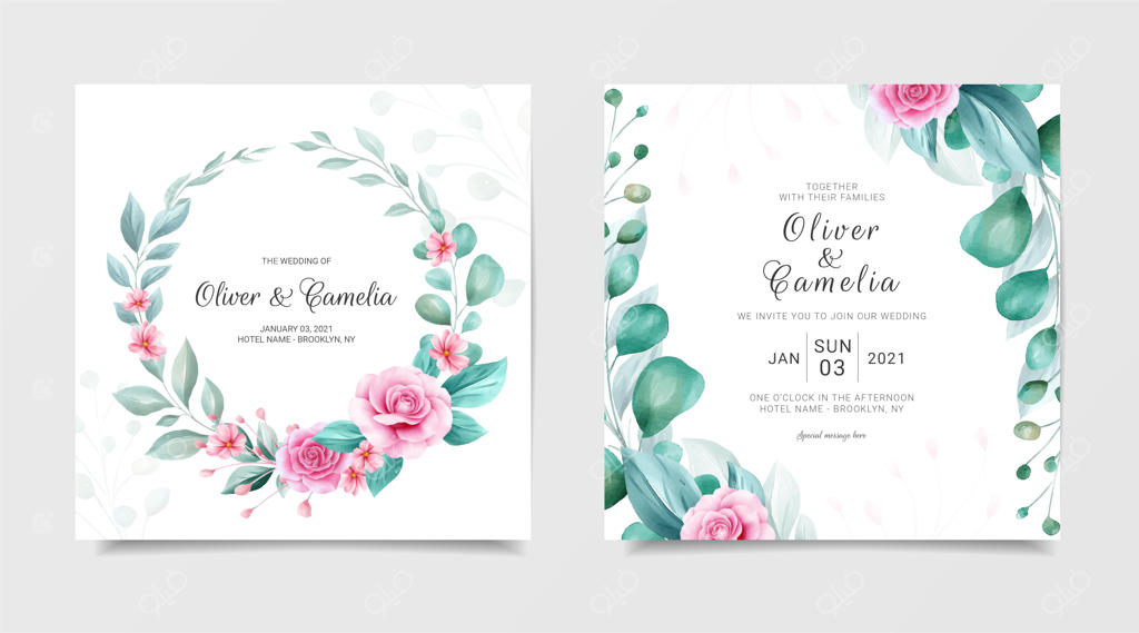 مجموعه قالب کارت دعوت عروسی شیک مربع با گل‌های آبرنگی و حاشیه